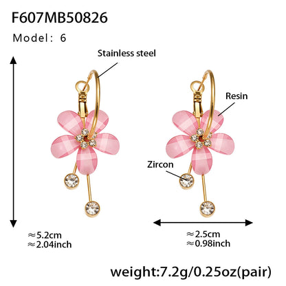 316L Stainless Steel Sparkling Camellia Tassel Hoop Earrings - Image 4