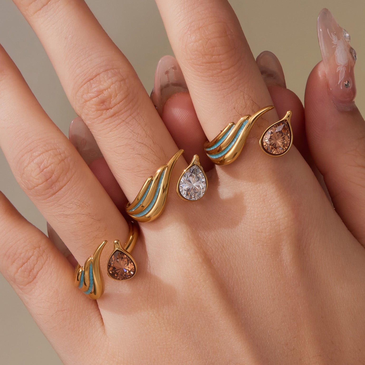 316L Stainless Steel Sparkling Teardrop Zircon Angel Wing Adjustable Ring - Image 10