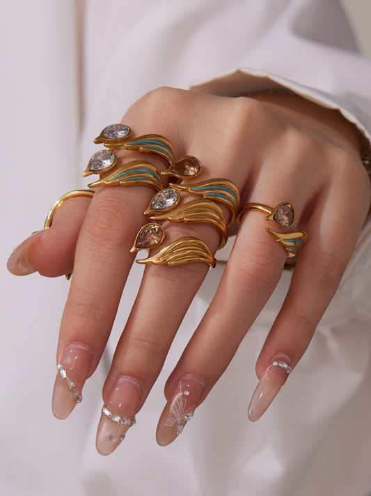 316L Stainless Steel Sparkling Teardrop Zircon Angel Wing Adjustable Ring - Image 11