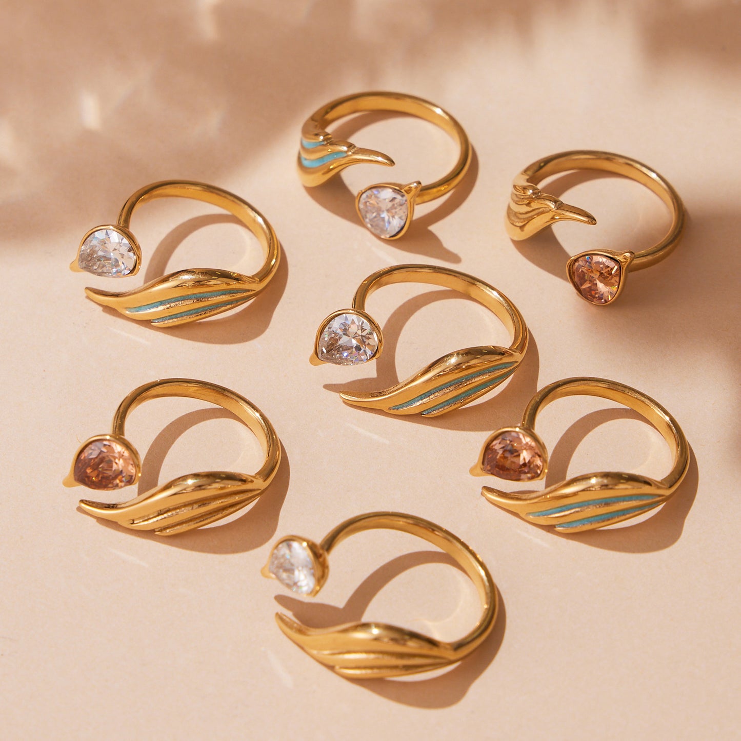 316L Stainless Steel Sparkling Teardrop Zircon Angel Wing Adjustable Ring - Image 14