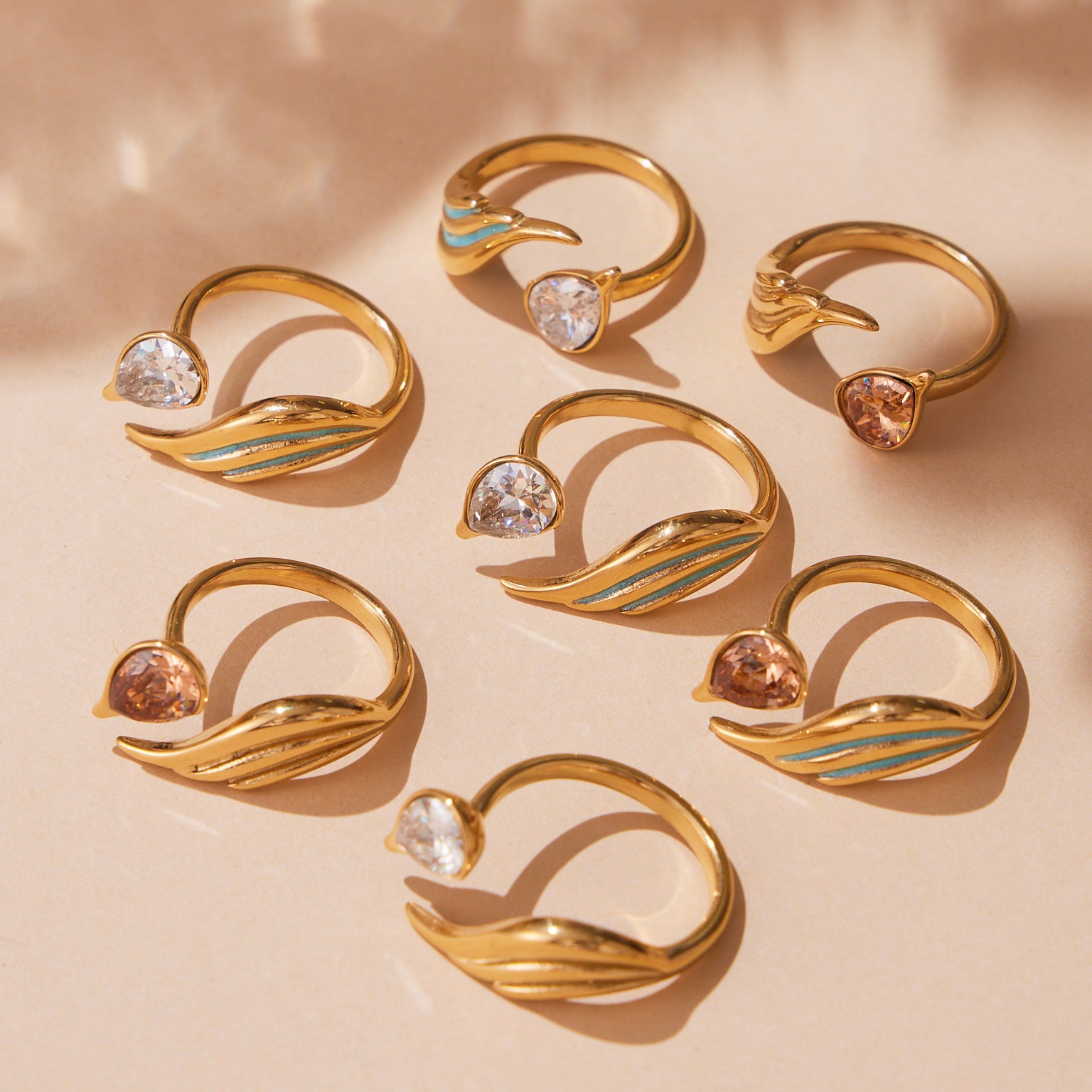 316L Stainless Steel Sparkling Teardrop Zircon Angel Wing Adjustable Ring - Image 14