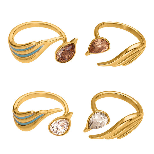 316L Stainless Steel Sparkling Teardrop Zircon Angel Wing Adjustable Ring - Image 15