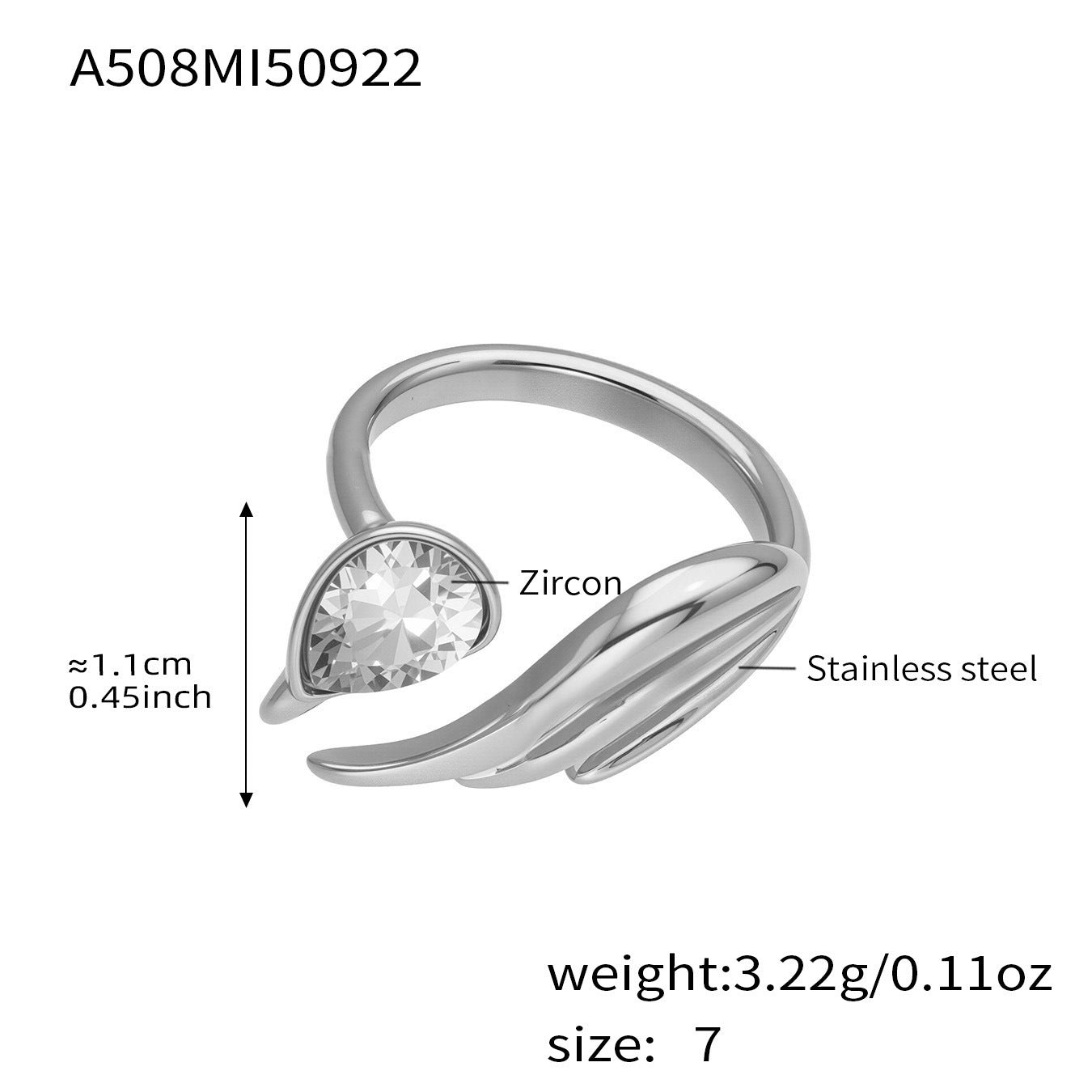 316L Stainless Steel Sparkling Teardrop Zircon Angel Wing Adjustable Ring - Image 16