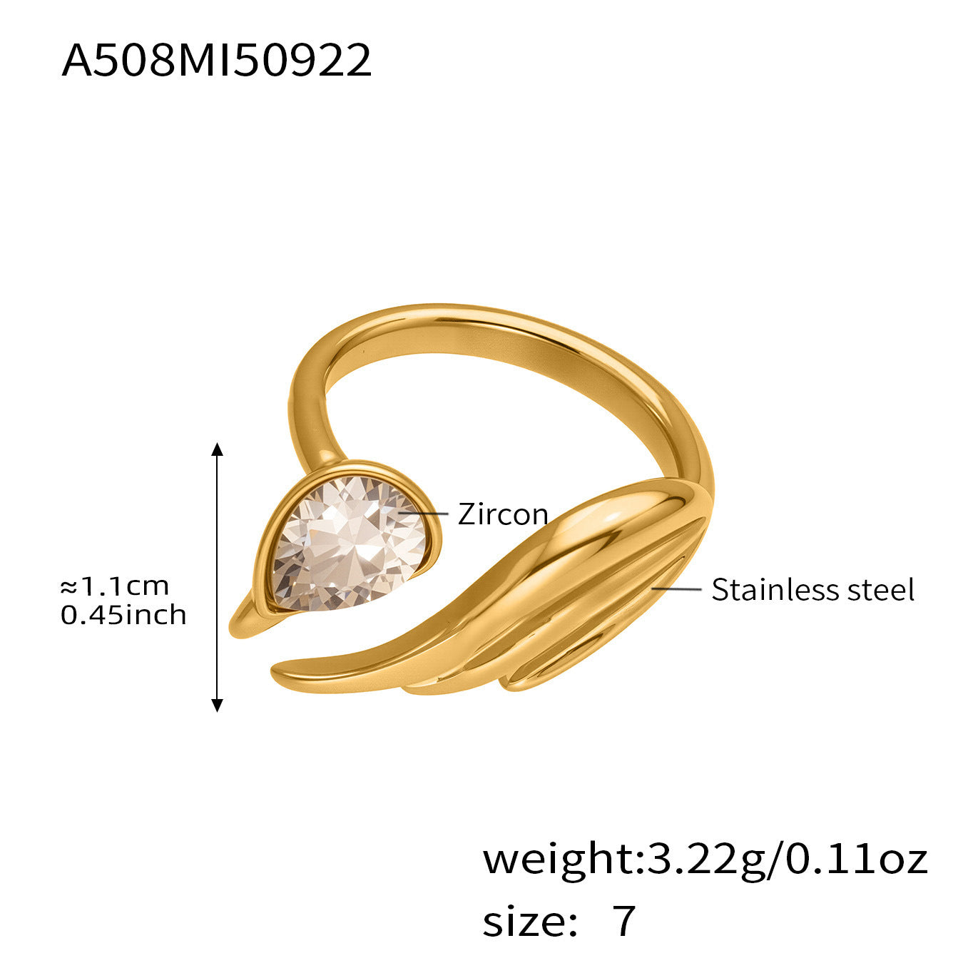 316L Stainless Steel Sparkling Teardrop Zircon Angel Wing Adjustable Ring - Image 17