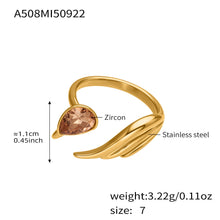 316L Stainless Steel Sparkling Teardrop Zircon Angel Wing Adjustable Ring - Image 2