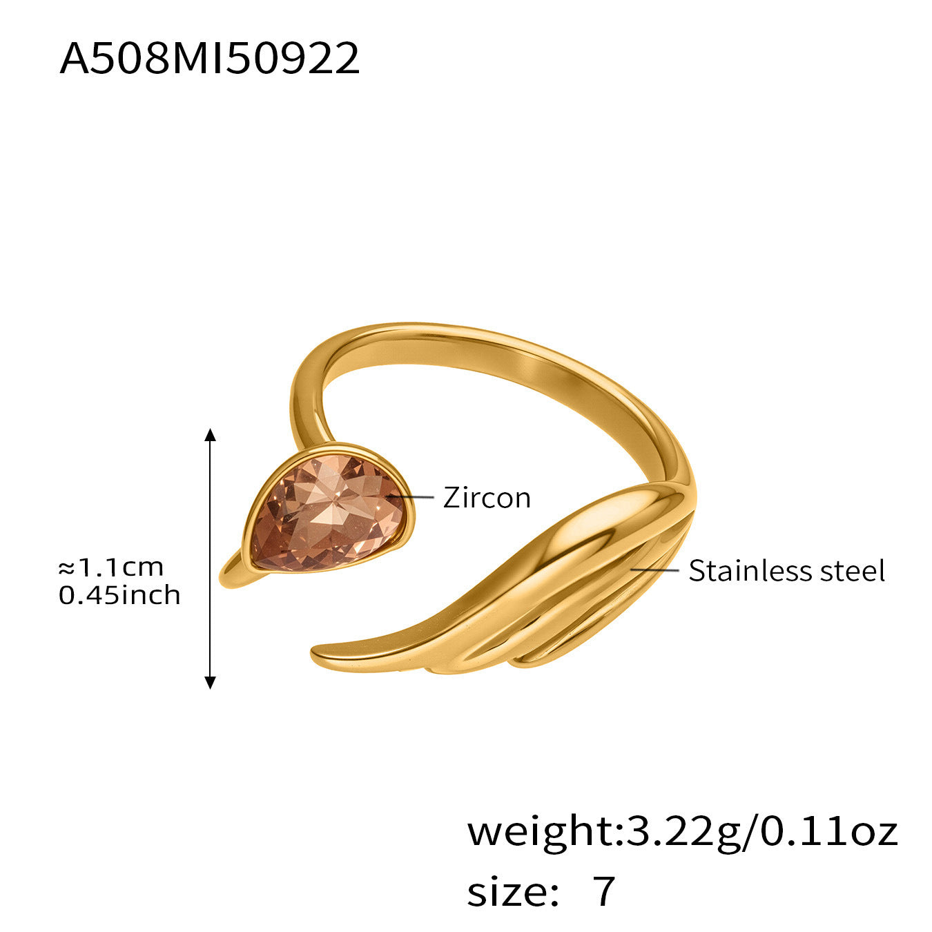 316L Stainless Steel Sparkling Teardrop Zircon Angel Wing Adjustable Ring - Image 2