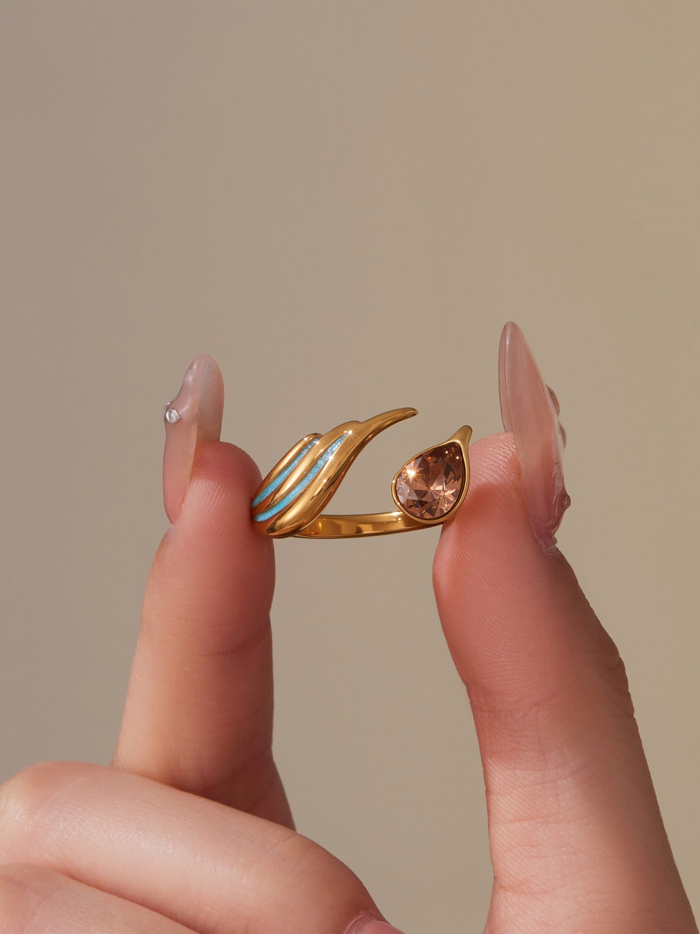 316L Stainless Steel Sparkling Teardrop Zircon Angel Wing Adjustable Ring - Image 3
