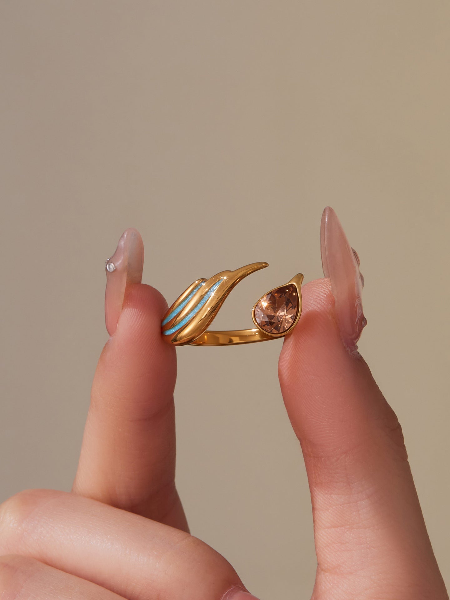 316L Stainless Steel Sparkling Teardrop Zircon Angel Wing Adjustable Ring - Image 3