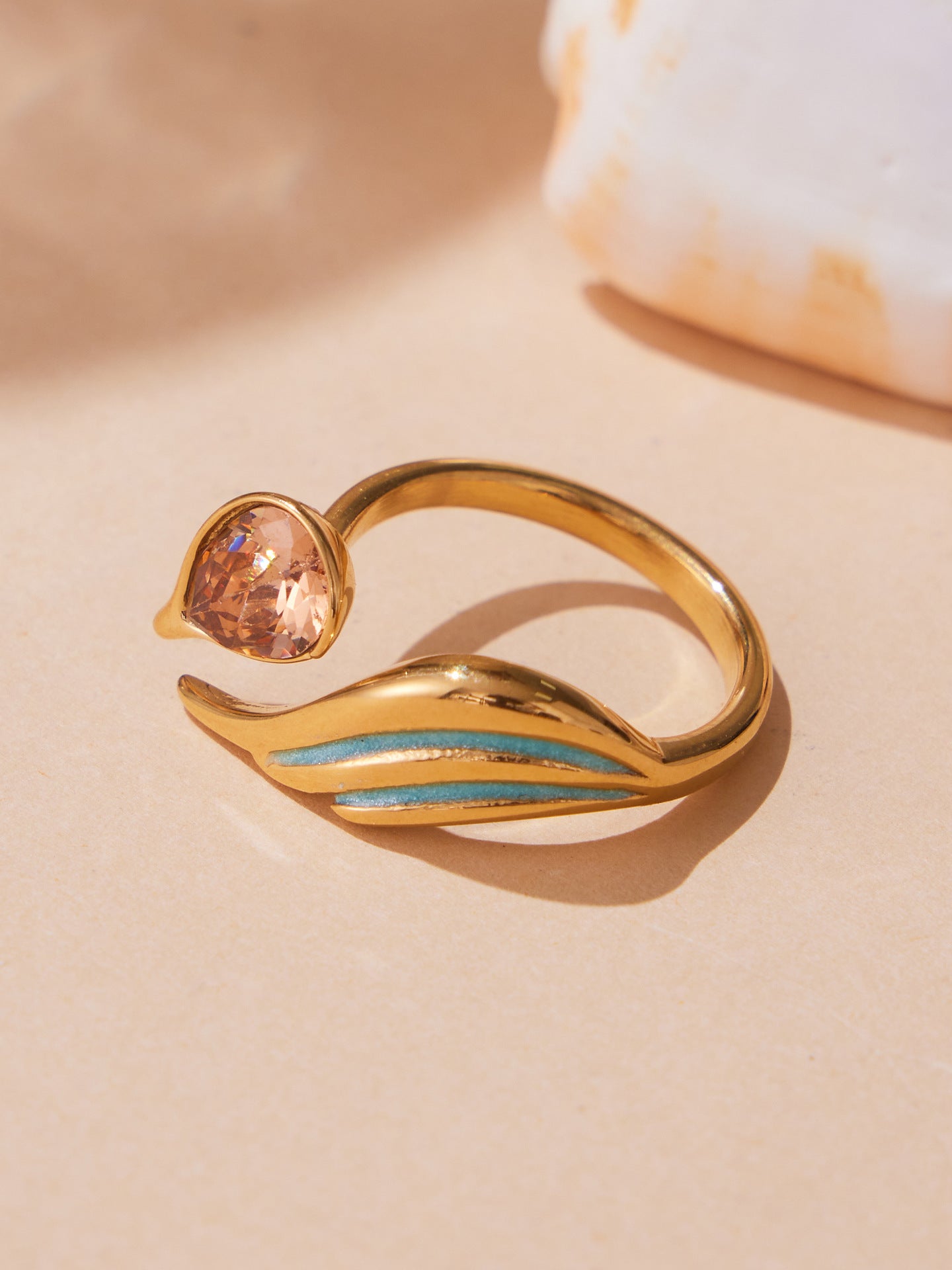 316L Stainless Steel Sparkling Teardrop Zircon Angel Wing Adjustable Ring - Image 4