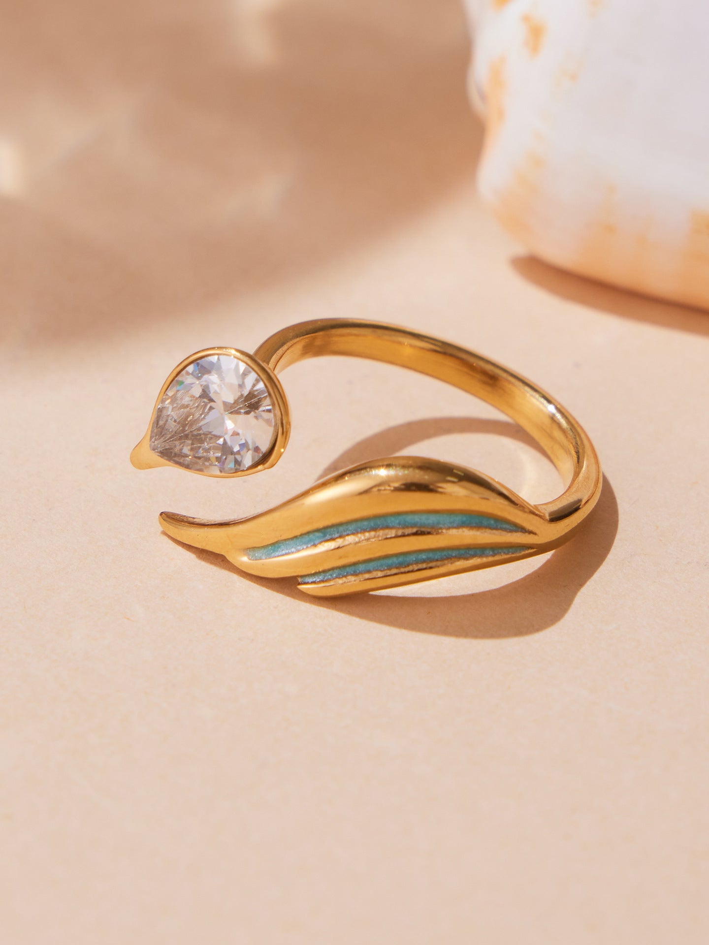 316L Stainless Steel Sparkling Teardrop Zircon Angel Wing Adjustable Ring - Image 5