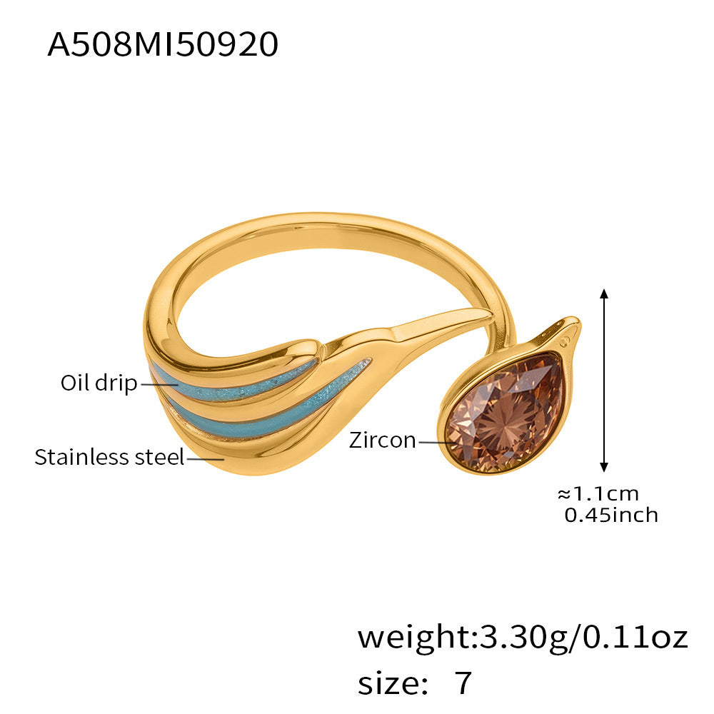 316L Stainless Steel Sparkling Teardrop Zircon Angel Wing Adjustable Ring - Image 6