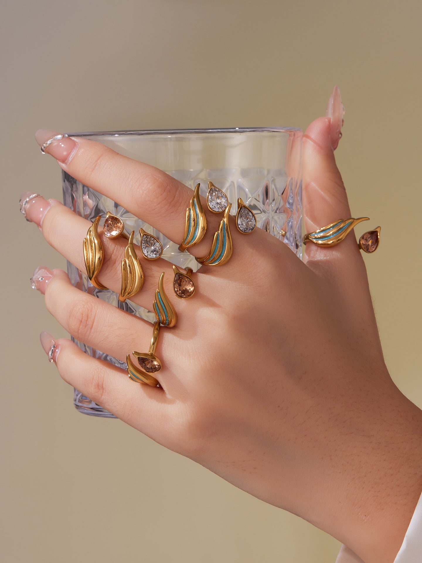 316L Stainless Steel Sparkling Teardrop Zircon Angel Wing Adjustable Ring - Image 7