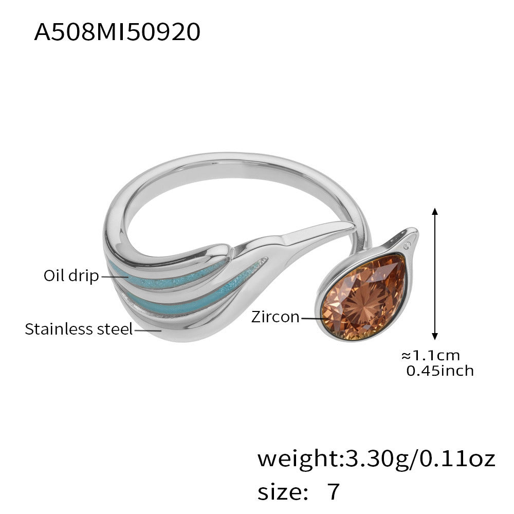 316L Stainless Steel Sparkling Teardrop Zircon Angel Wing Adjustable Ring - Image 8