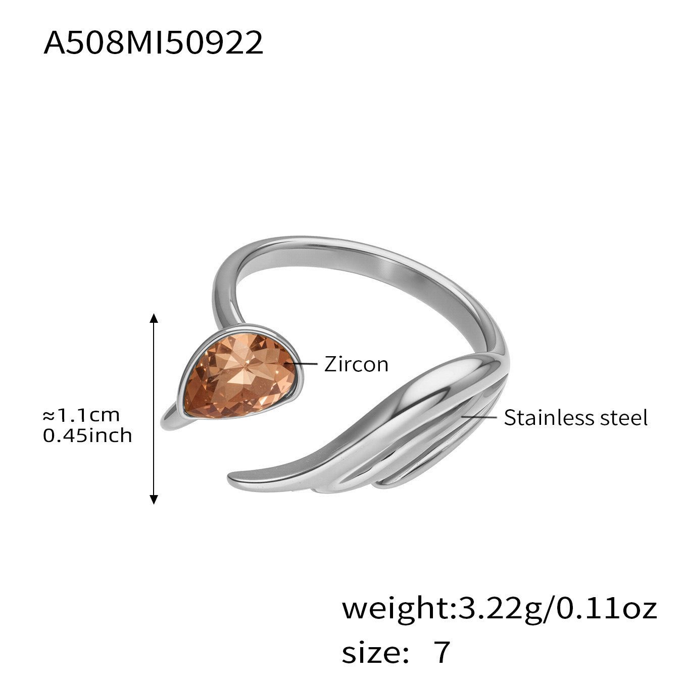 316L Stainless Steel Sparkling Teardrop Zircon Angel Wing Adjustable Ring - Image 9