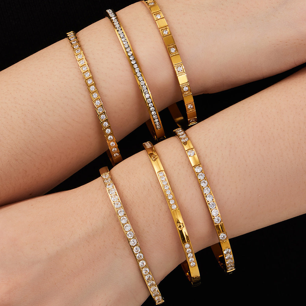 316L Stainless Steel Sparkling Zircon Hinged Bangle Set - Image 10