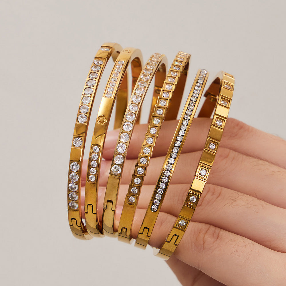 316L Stainless Steel Sparkling Zircon Hinged Bangle Set - Image 12