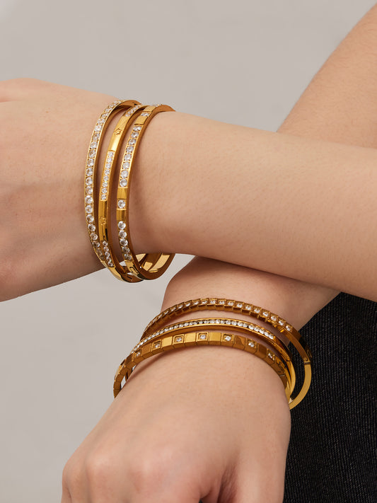 316L Stainless Steel Sparkling Zircon Hinged Bangle Set - Image 3