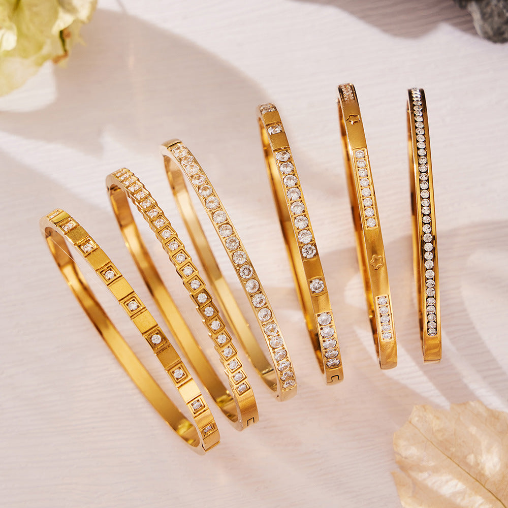 316L Stainless Steel Sparkling Zircon Hinged Bangle Set - Image 7