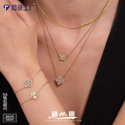 316L Stainless Steel Sparkling Zircon Pavé Four-Leaf Clover & Star Jewelry Collection - Image 1