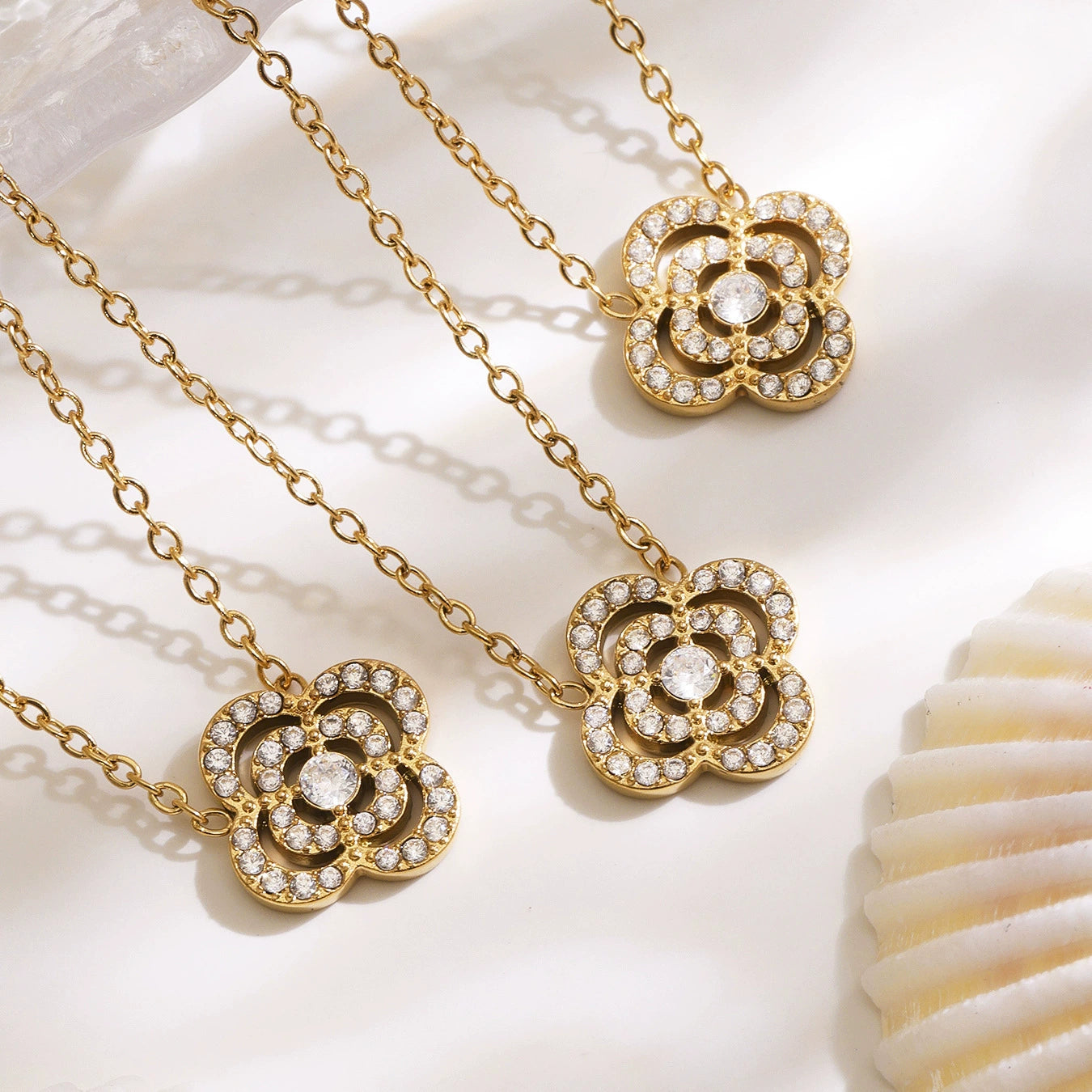 316L Stainless Steel Sparkling Zircon Pavé Four-Leaf Clover & Star Jewelry Collection - Image 3