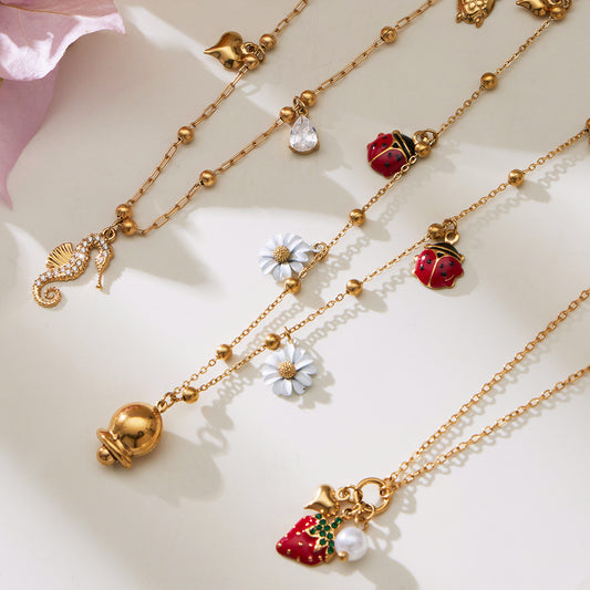 316L Stainless Steel Sparkling Zirconia Bell & Daisy Charm Necklace - Image 2