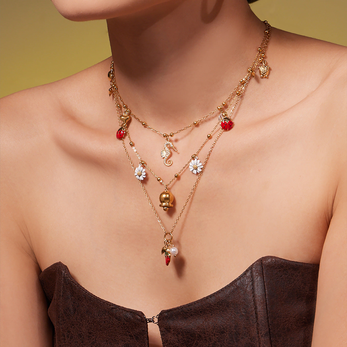 316L Stainless Steel Sparkling Zirconia Bell & Daisy Charm Necklace - Image 3