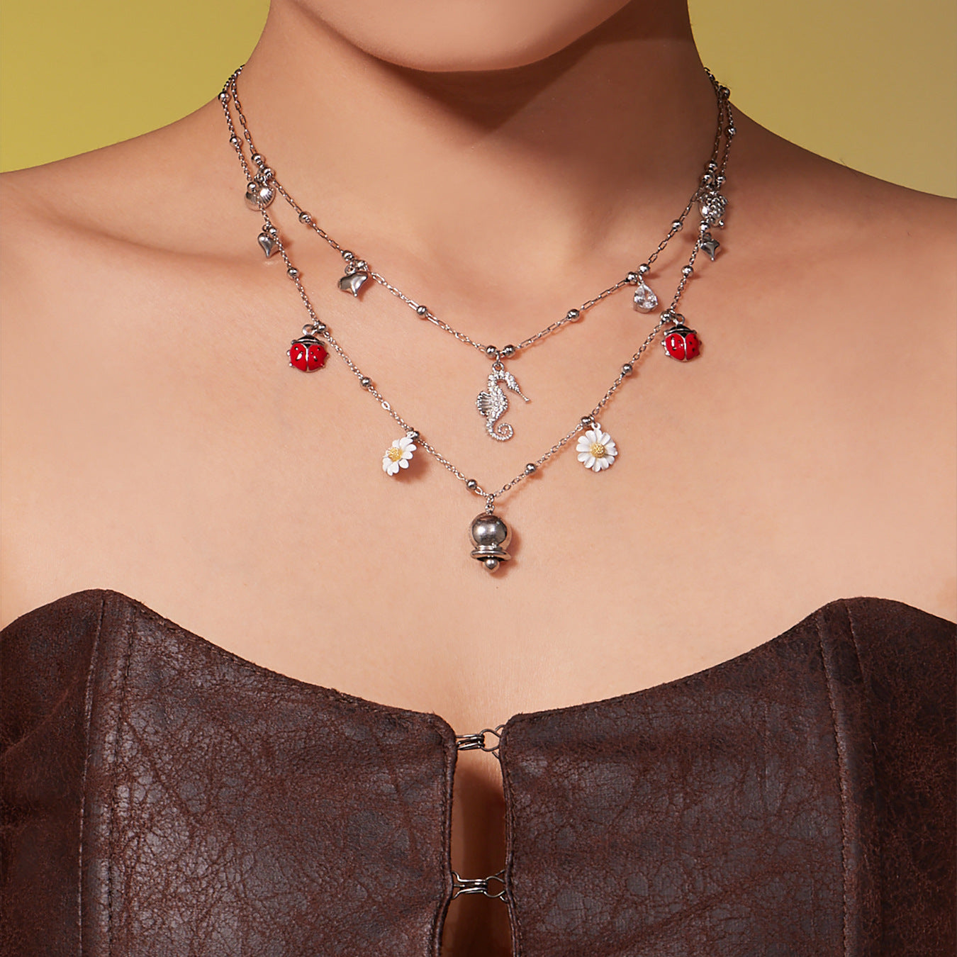 316L Stainless Steel Sparkling Zirconia Bell & Daisy Charm Necklace - Image 4