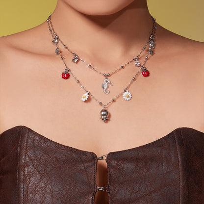 316L Stainless Steel Sparkling Zirconia Bell & Daisy Charm Necklace - Image 4