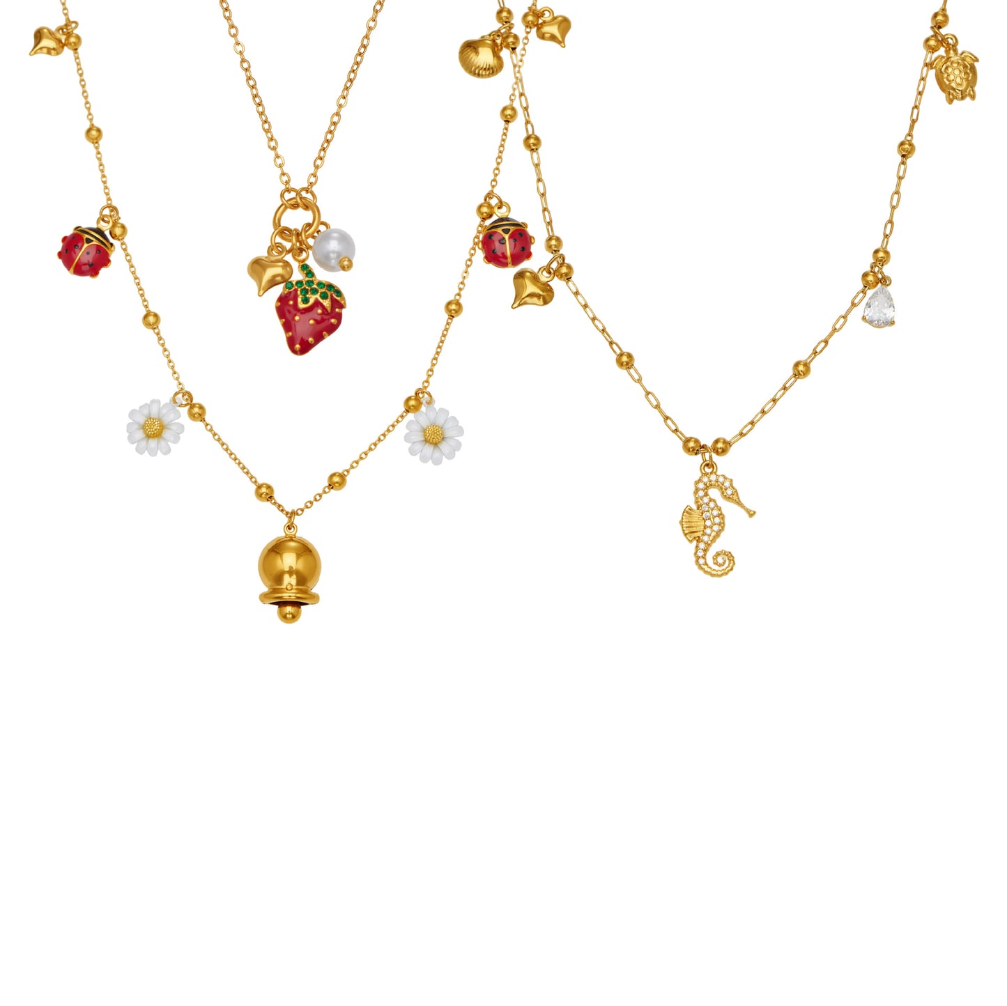 316L Stainless Steel Sparkling Zirconia Bell & Daisy Charm Necklace - Image 5