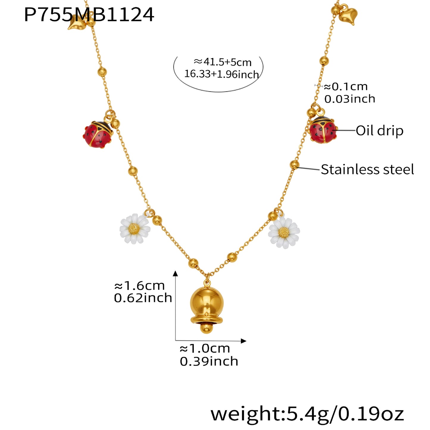 316L Stainless Steel Sparkling Zirconia Bell & Daisy Charm Necklace - Image 6