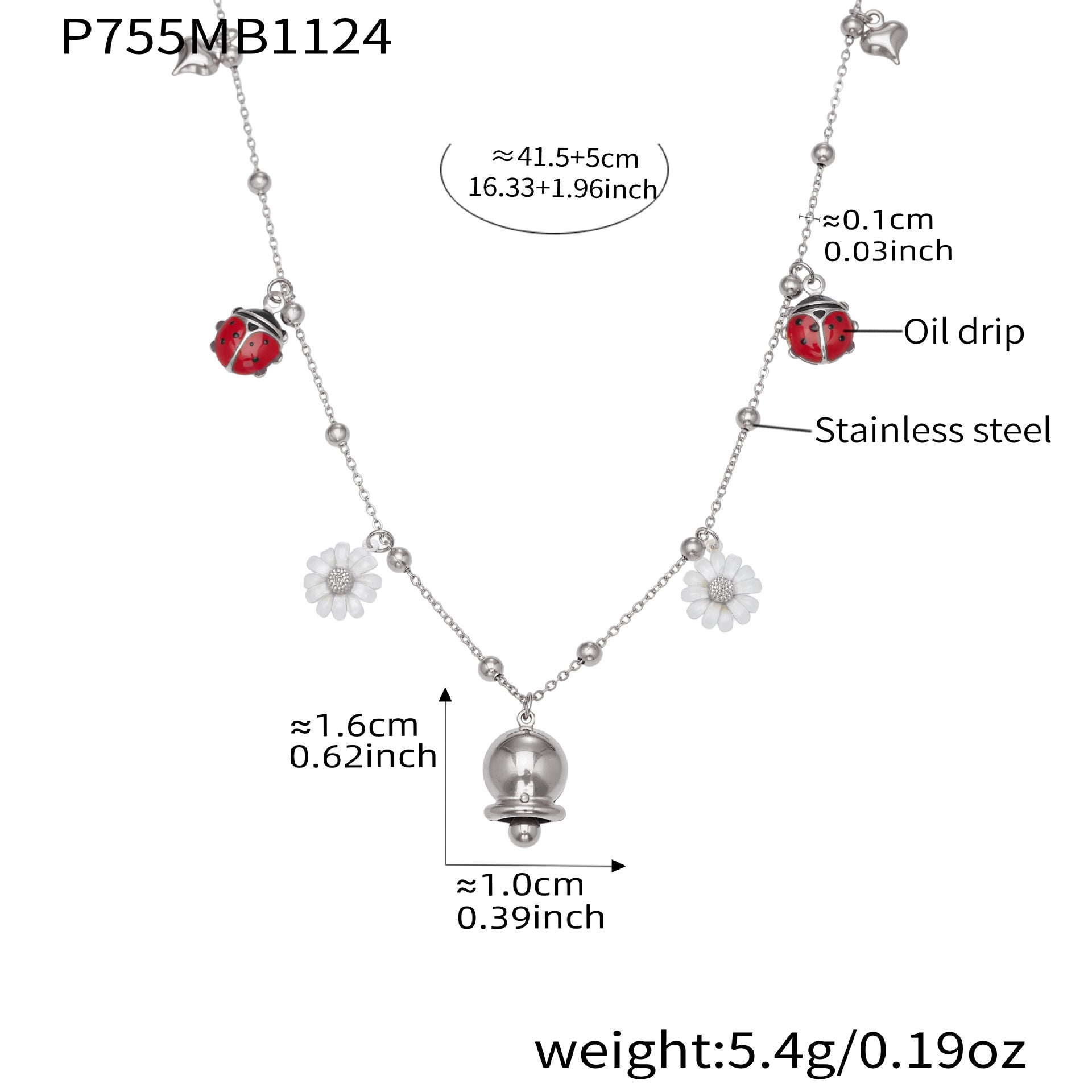 316L Stainless Steel Sparkling Zirconia Bell & Daisy Charm Necklace - Image 7
