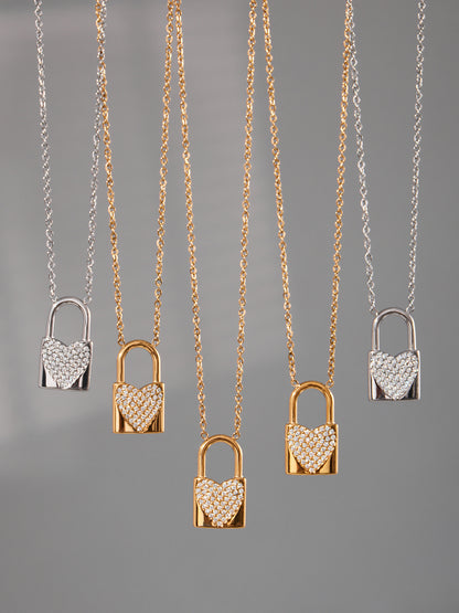 316L Stainless Steel Sparkling Zirconia Heart Lock Pendant Necklace - Image 10
