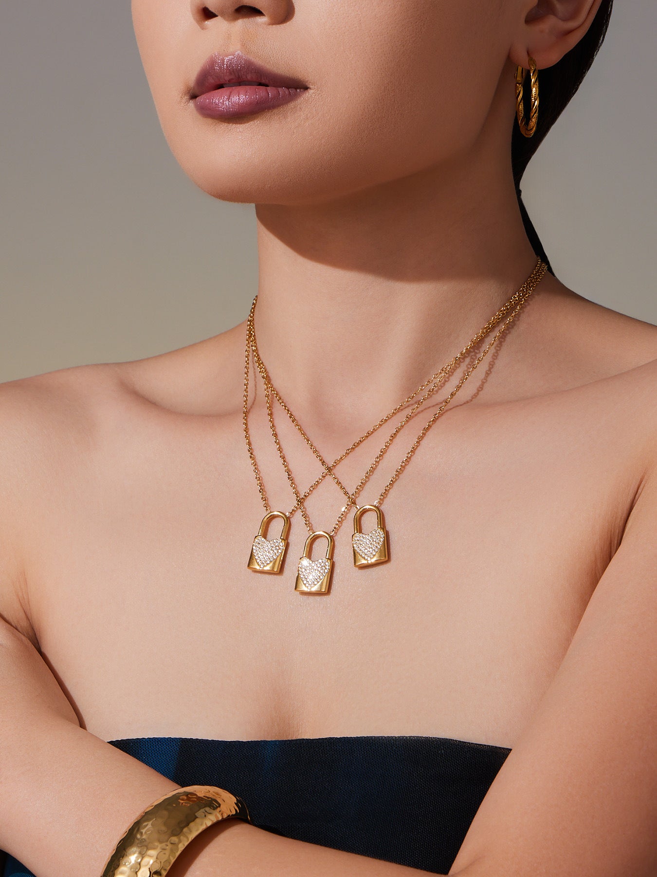 316L Stainless Steel Sparkling Zirconia Heart Lock Pendant Necklace - Image 11