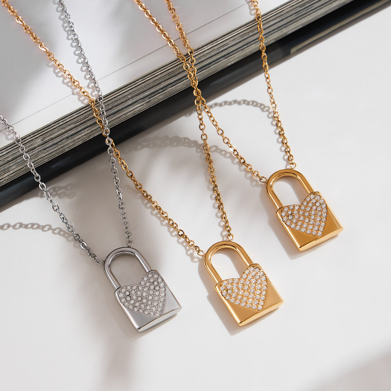 316L Stainless Steel Sparkling Zirconia Heart Lock Pendant Necklace - Image 3