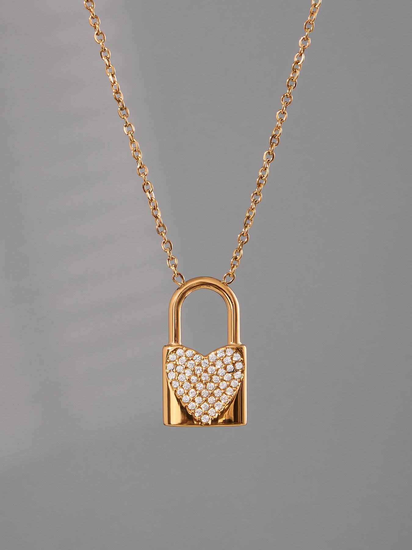 316L Stainless Steel Sparkling Zirconia Heart Lock Pendant Necklace - Image 6