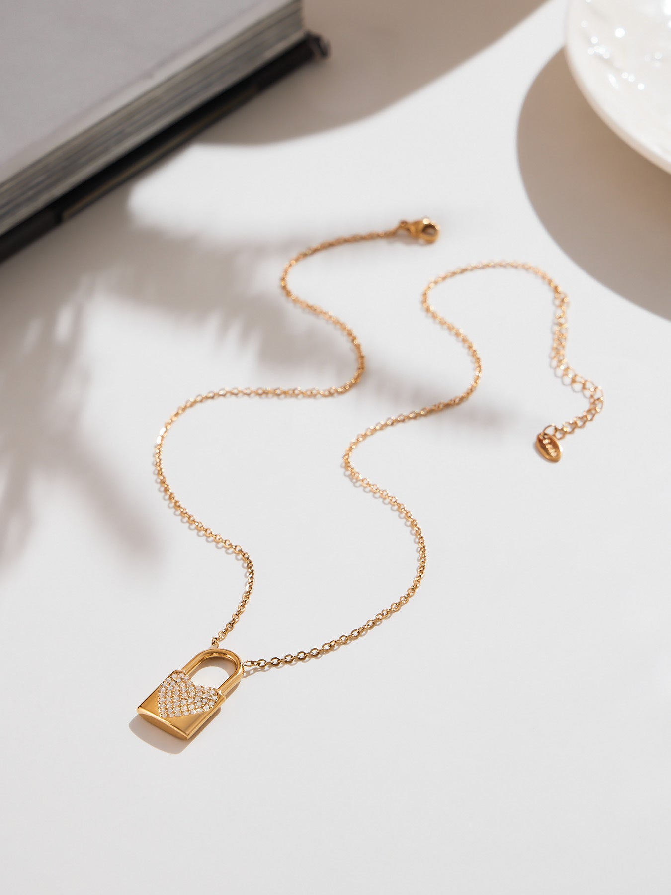 316L Stainless Steel Sparkling Zirconia Heart Lock Pendant Necklace - Image 7