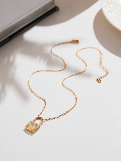 316L Stainless Steel Sparkling Zirconia Heart Lock Pendant Necklace - Image 7