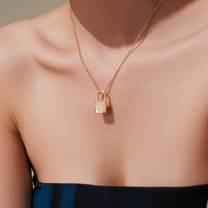 316L Stainless Steel Sparkling Zirconia Heart Lock Pendant Necklace - Image 9