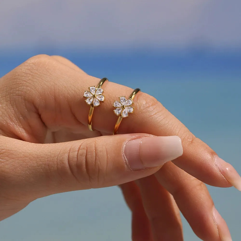 316L Stainless Steel Sparkling Zirconia Teardrop Flower Ring - Image 2