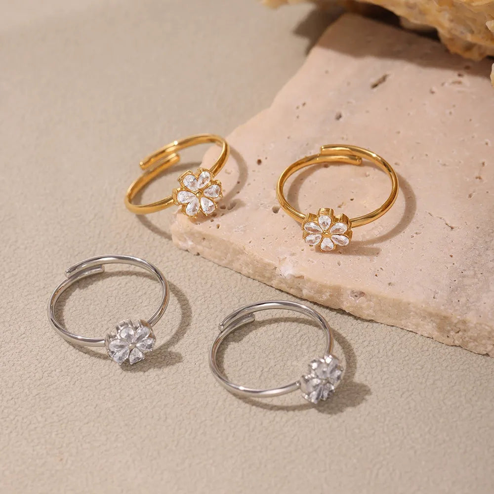 316L Stainless Steel Sparkling Zirconia Teardrop Flower Ring - Image 3