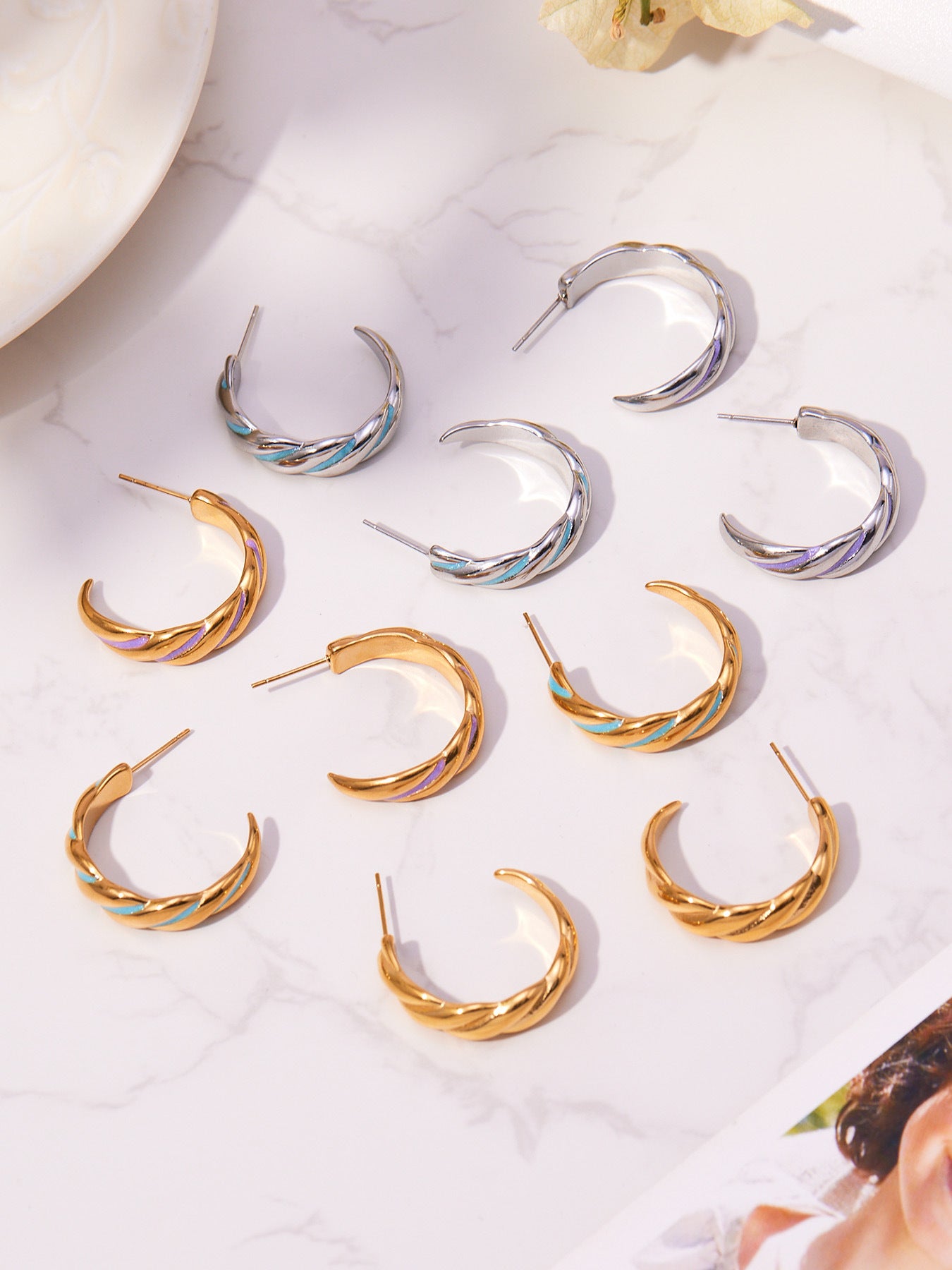 316L Stainless Steel C-Hoop Spiral Enamel Drop Earrings