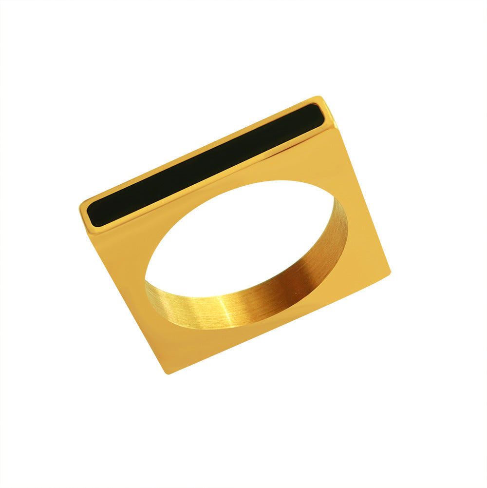 Gold square stainless steel ring with black acrylic inlay, minimalist geometric design
