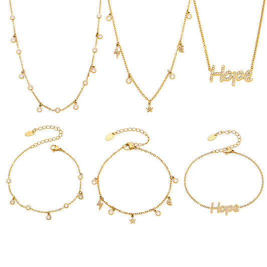 Stainless steel zircon charm necklace and bracelet collection with celestial, round zircon and HOPE styles