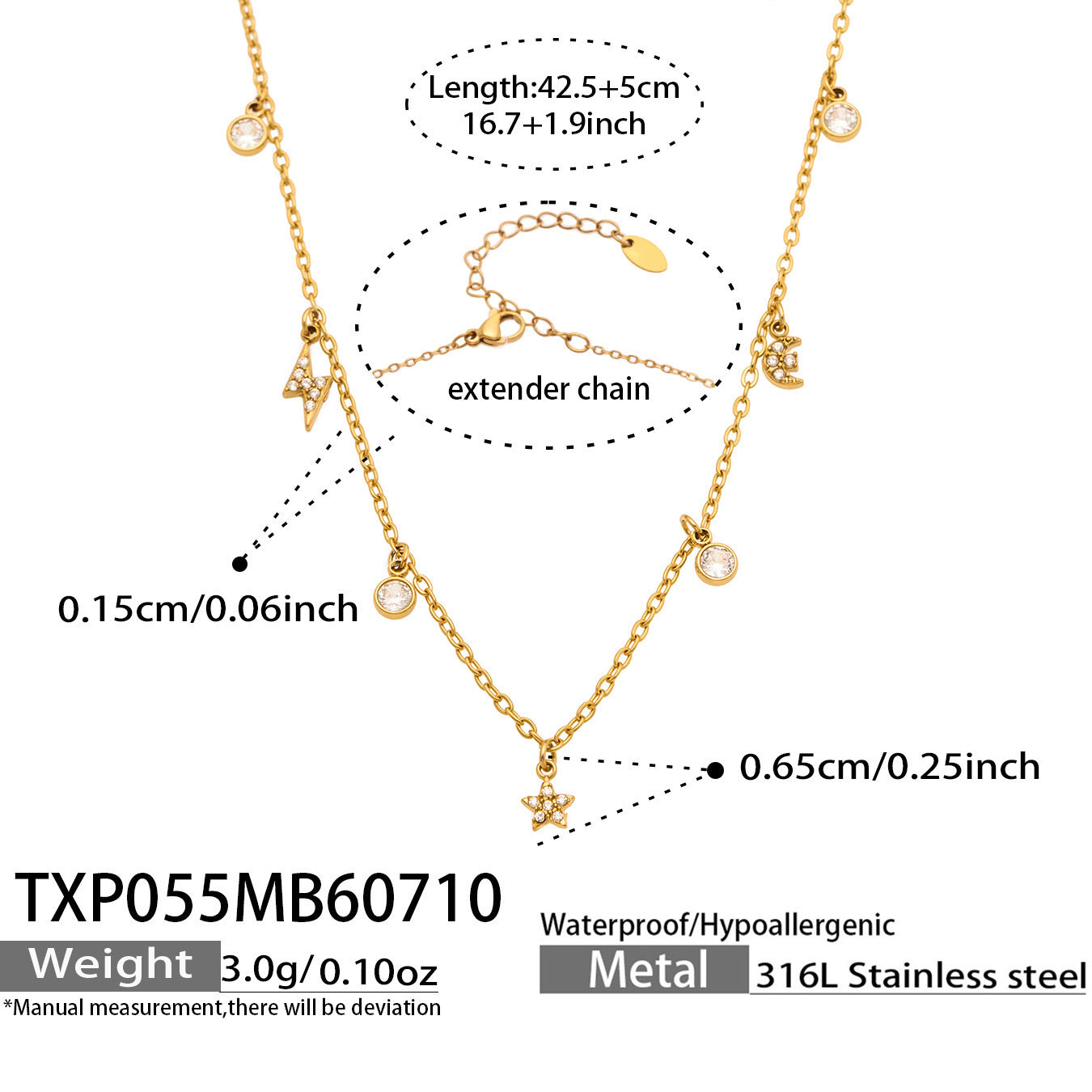 316L Stainless Steel 18K PVD Gold Star Moon Lightning Charm Bracelet made with 316L stainless steel and 18K PVD gold finish for wholesale jewelry buyers - image 9
