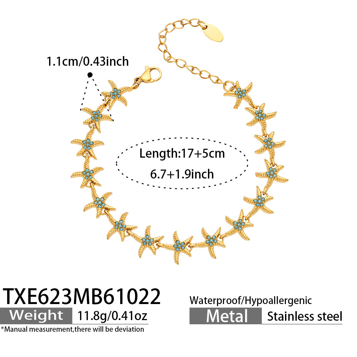 Gold starfish bracelet with azure zircon inlay