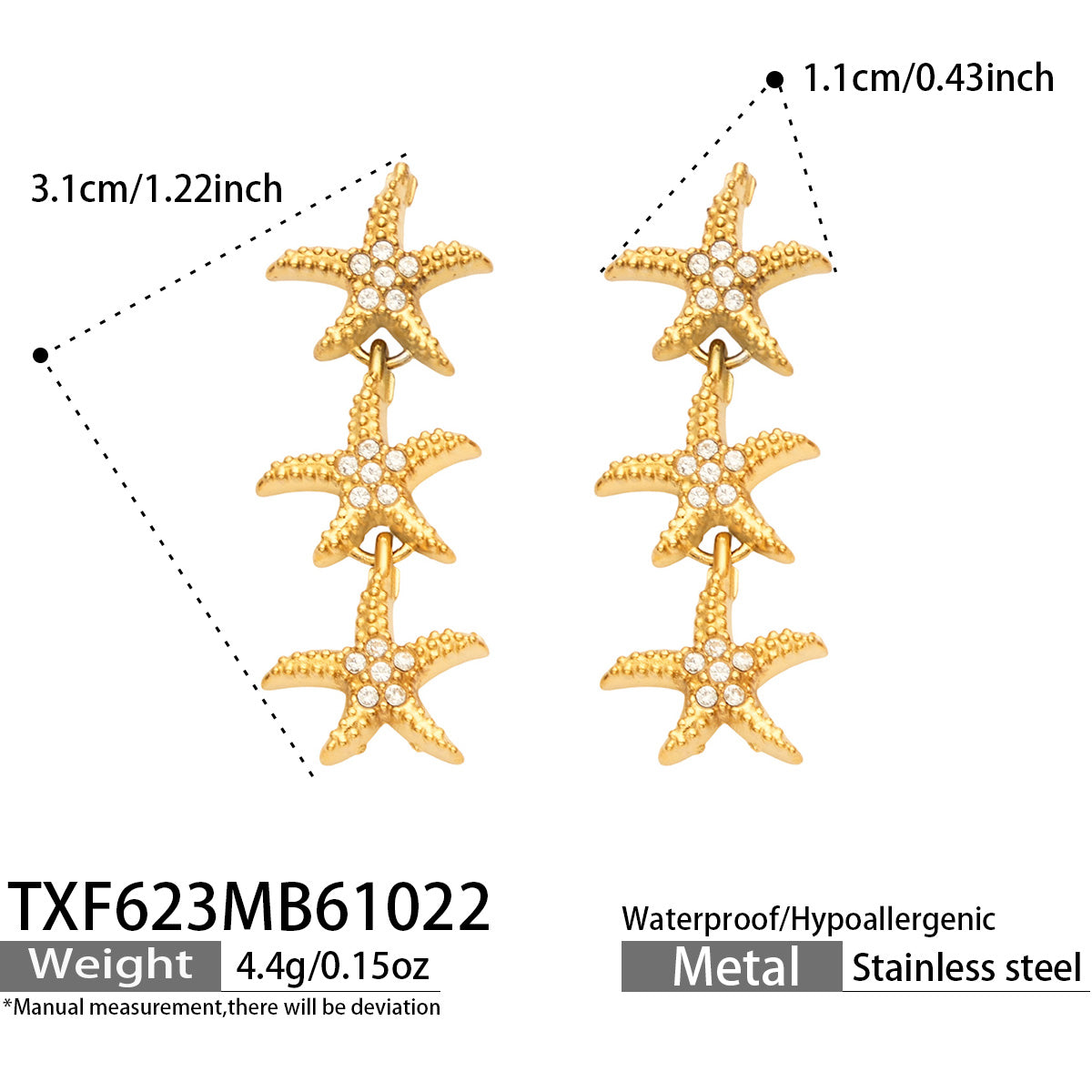 304 Stainless Steel 18K PVD Gold Starfish Earrings and Bracelet Set made with 304 Stainless Steel and 18K PVD gold finish for wholesale jewelry buyers - image 3