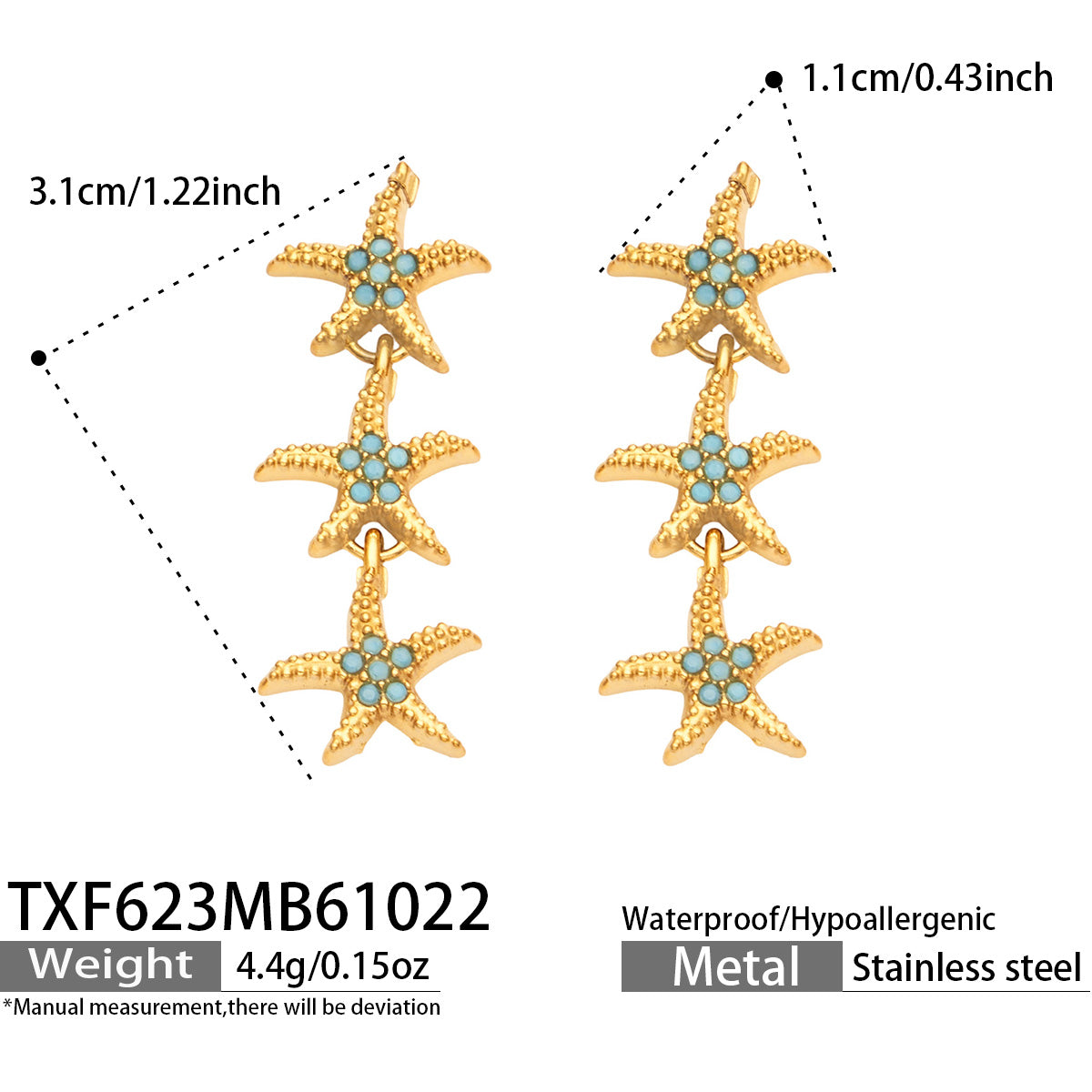 304 Stainless Steel 18K PVD Gold Starfish Earrings and Bracelet Set made with 304 Stainless Steel and 18K PVD gold finish for wholesale jewelry buyers - image 4