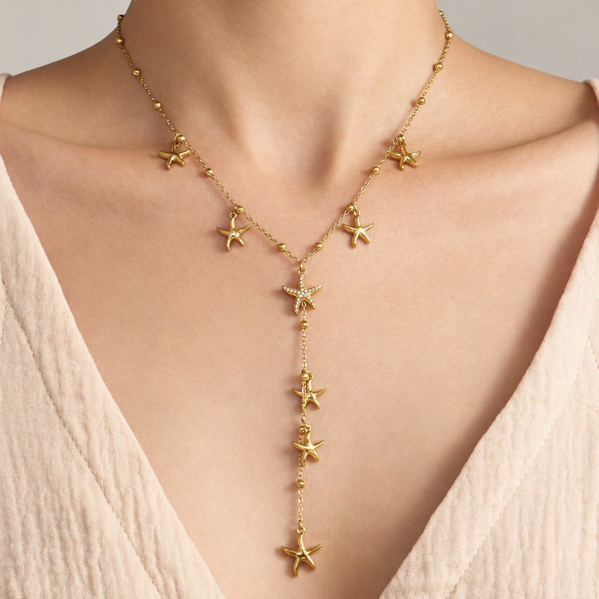 316L Stainless Steel 18K PVD Gold Starfish Y Necklace made with 316L stainless steel and 18K PVD gold finish for wholesale jewelry buyers - image 12