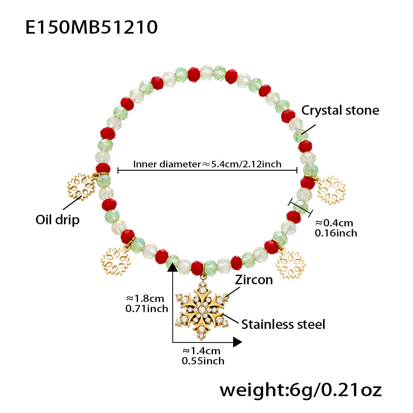 316L stainless steel stocking charm beaded bracelet with red green beads and CZ details