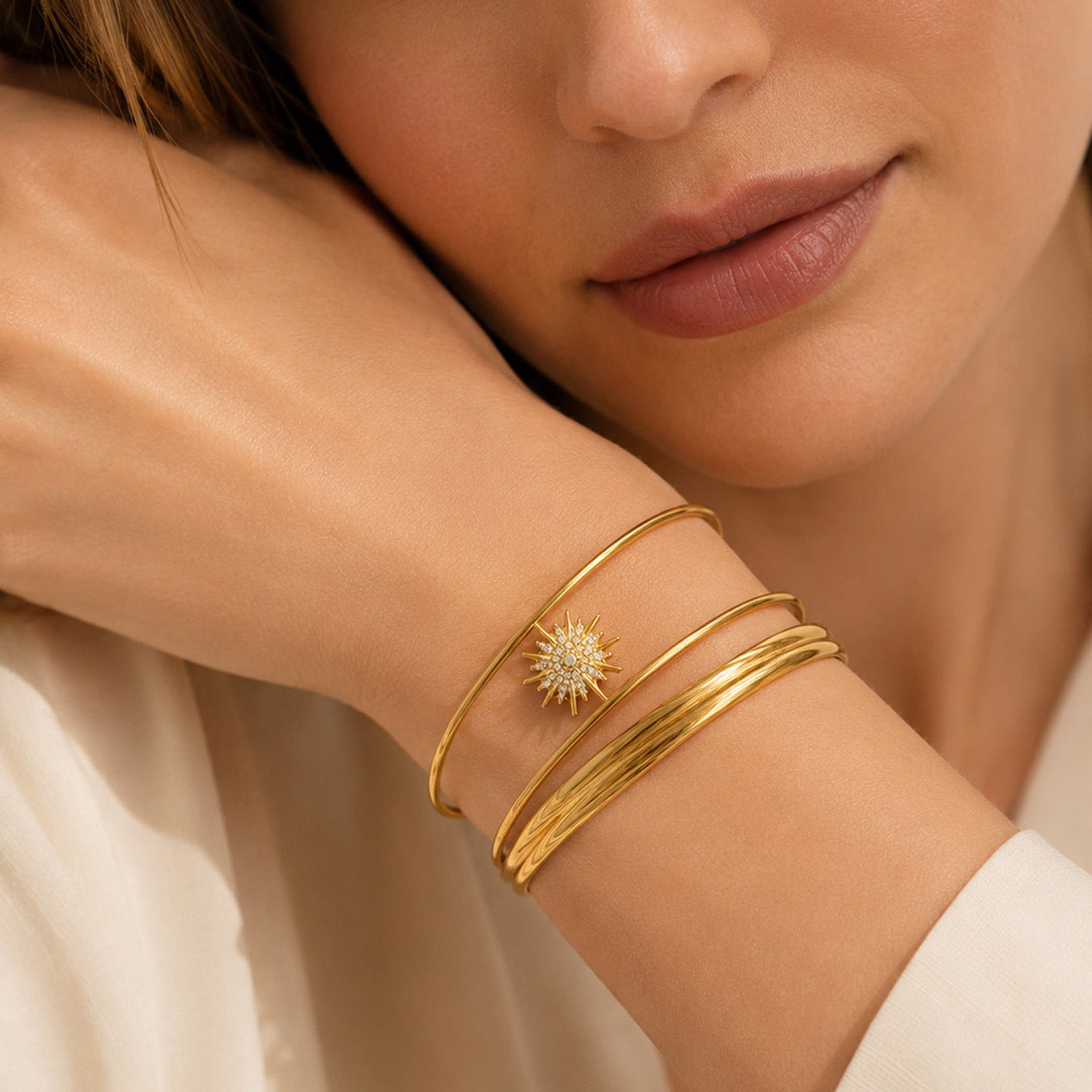 316L Stainless Steel 18K PVD Gold Sun Zircon Open Bangle made with 316L stainless steel and 18K PVD gold finish for wholesale jewelry buyers - image 10